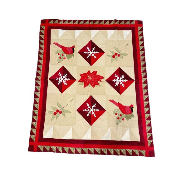 Christmas Winter Holiday Blanket Throw 52 x 62 Snowflake Cardinal Poinsettia - Picture 1 of 5